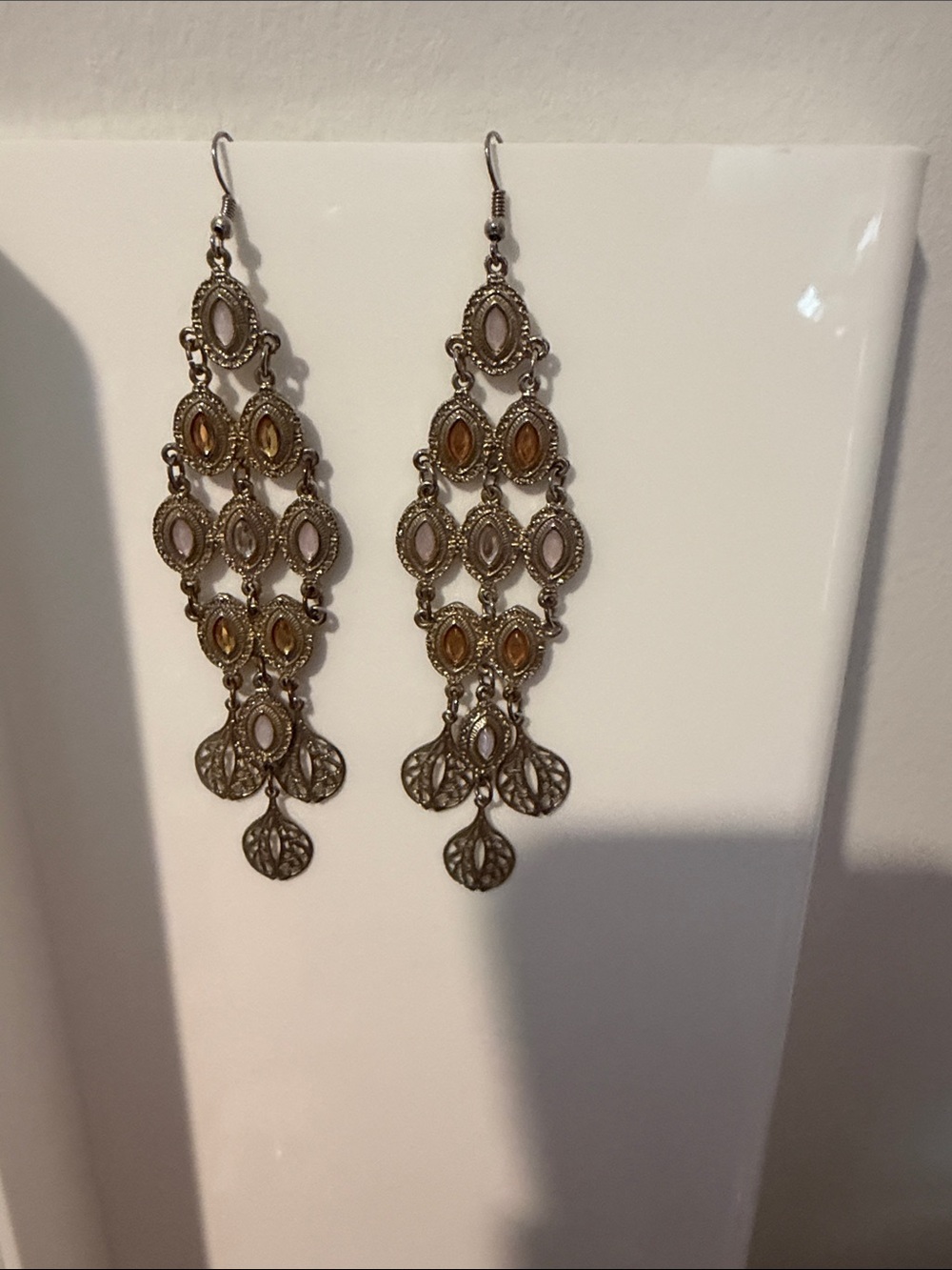 Delicate Filigree Dangle Earrings in Gold and Amber